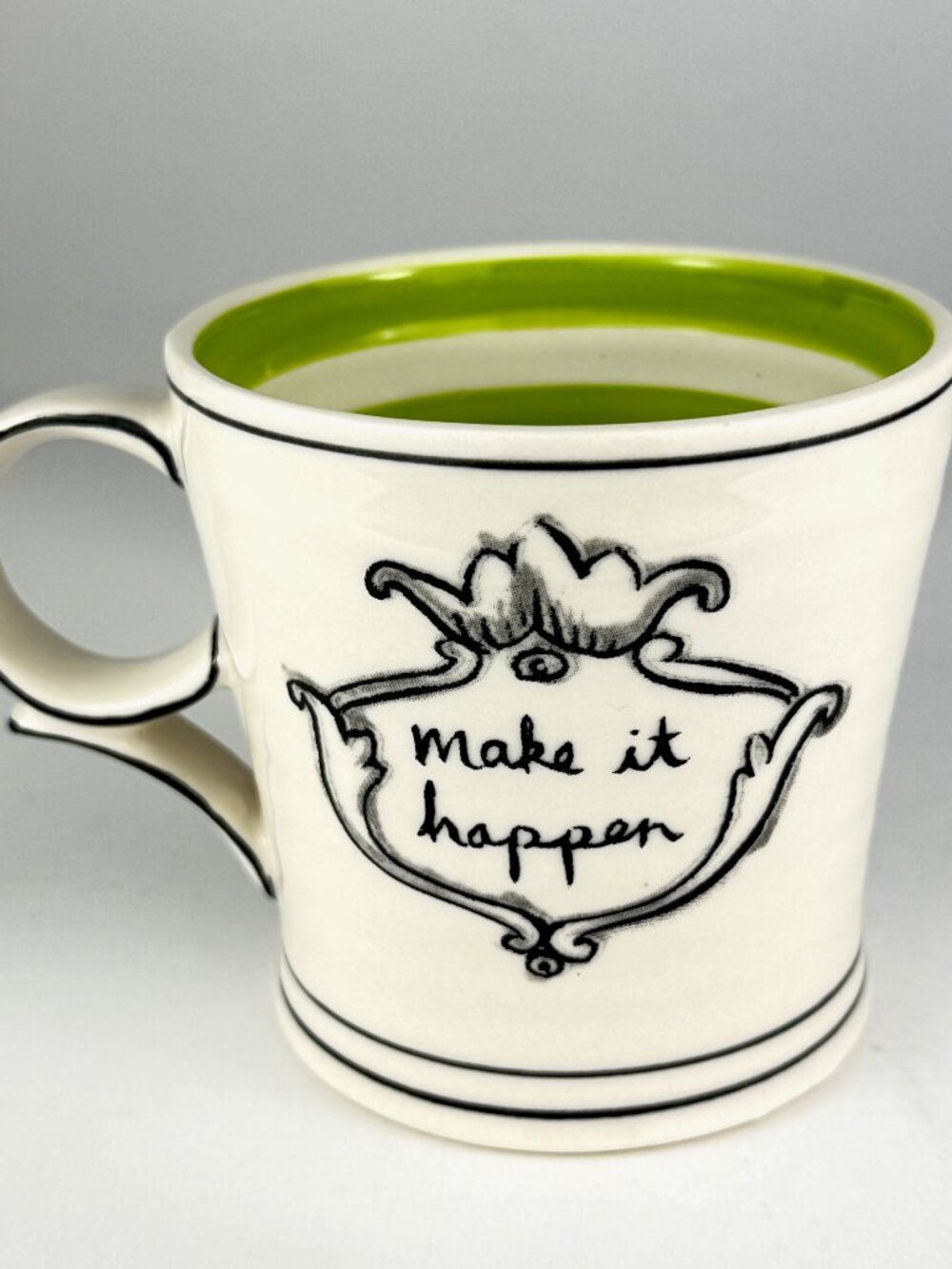2 Molly Hatch "Make It Happen" Ceramic Coffee Pair Lime Green Stripe Accent